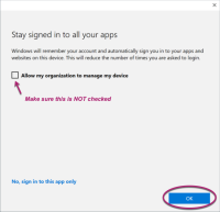 Stay signed in window with options highlighted